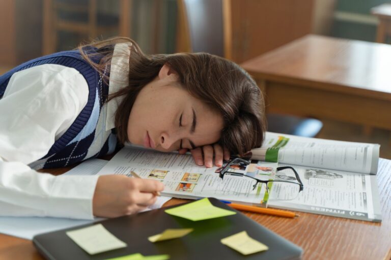 A young student sleeps on a school desk, surrounded by open books and study notes.